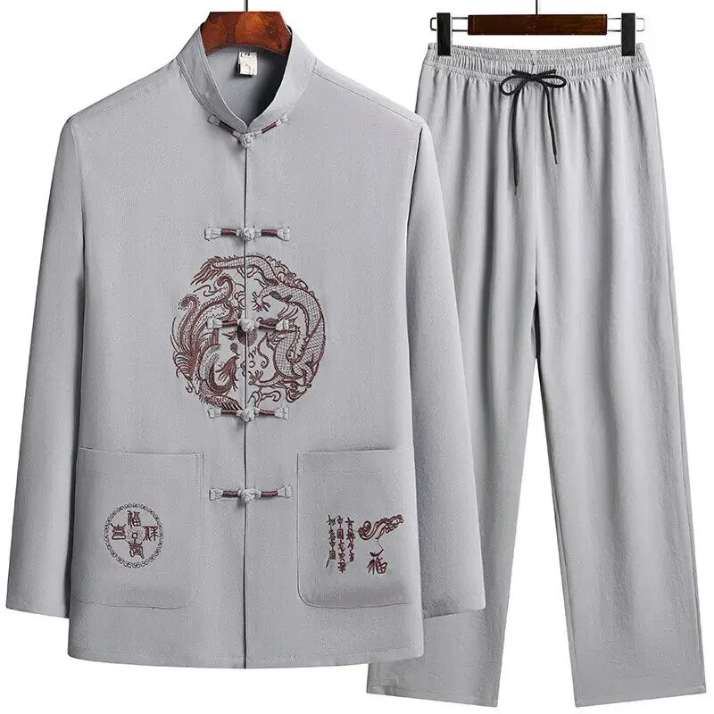

Male Printing Chinese Style Long Sleeves Shirts Trouser 100% Cotton Silk Fabric Sportswear Men's Casual Sets Shirts + Pants