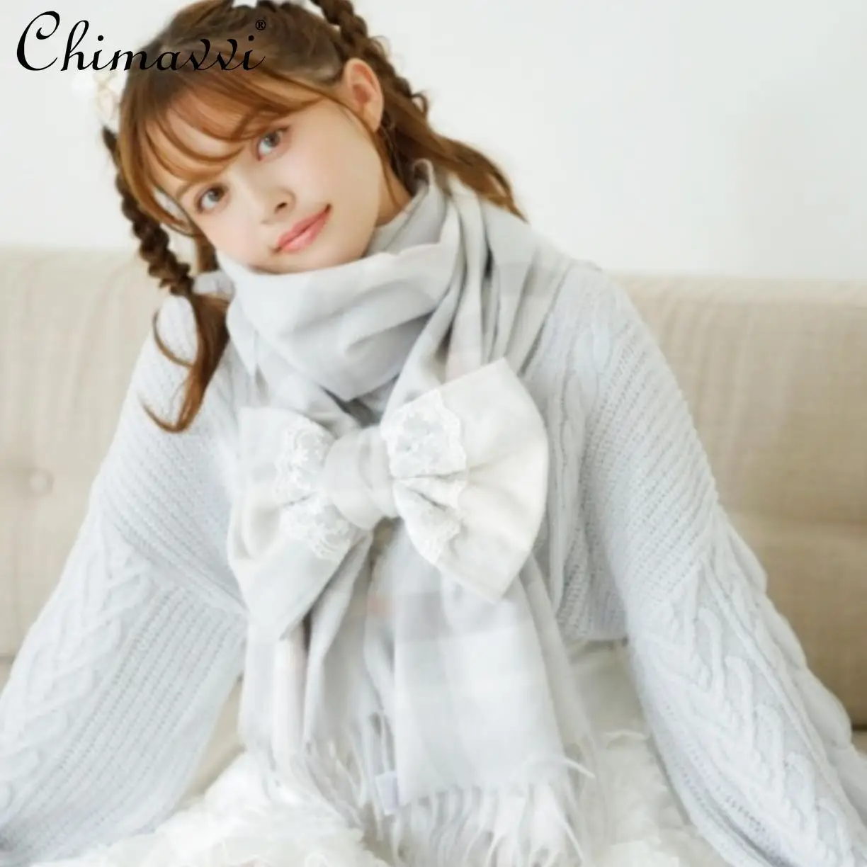 Japanese Style 2024 Winter New Girls Sweet Plaid Lace Bow Scarf Soft Warm Women's Elegant All-match Y2k Liz Lolita Scarf