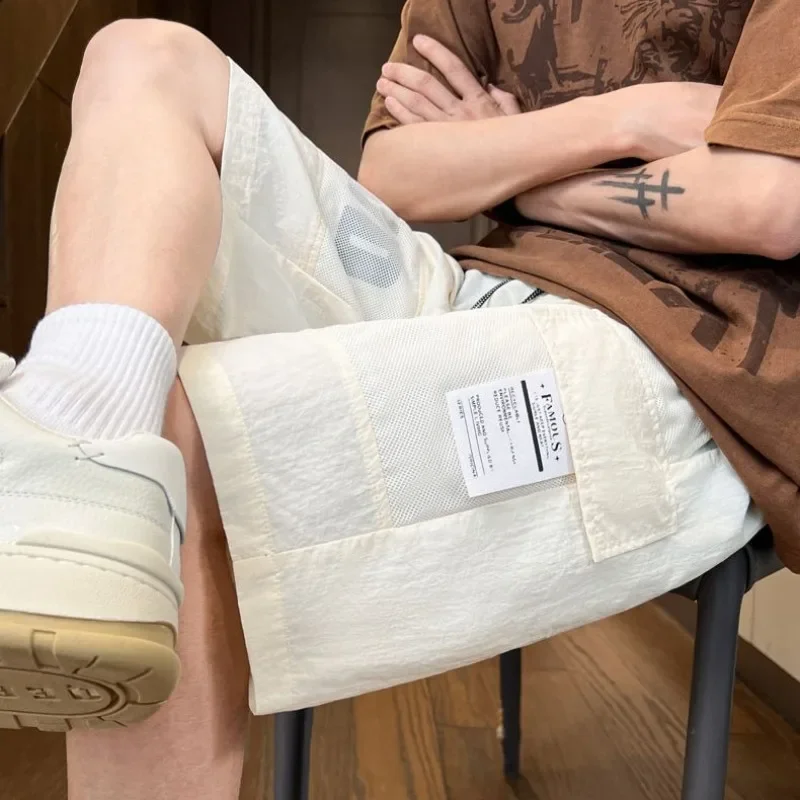 

Мужские шорты-карго Широкие короткие брюки для мужчин выше колена с карманами Эластичная резинка на талии Свободные мешковатые потертые повседневные нейлоновые шорты