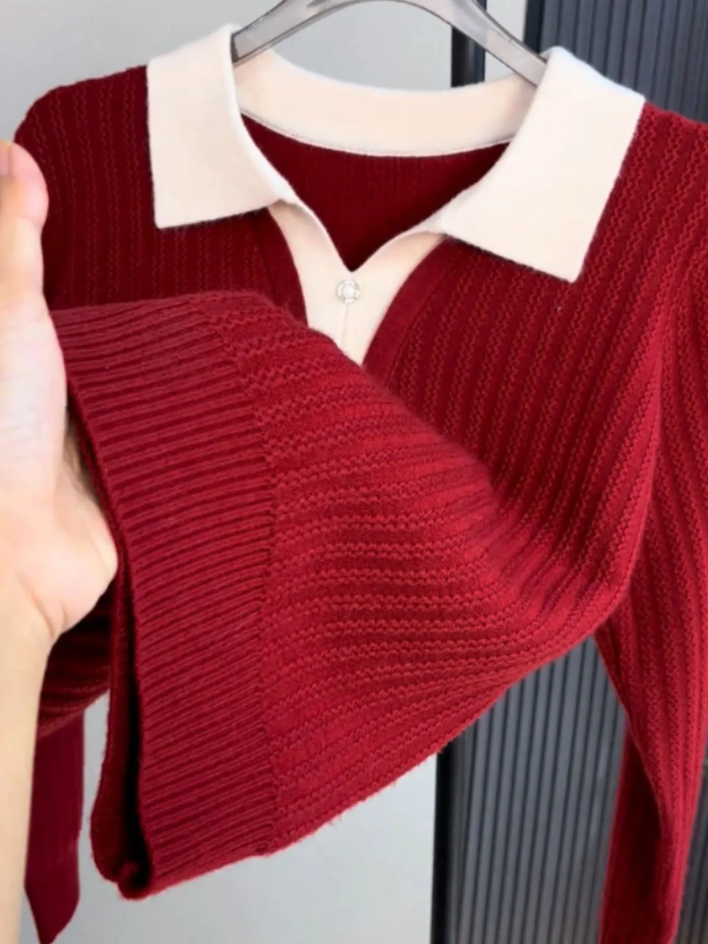 Faionable ريترو اللون الأحمر بلو طويل Sve محبوك سترة الشتاء Ele السنة الجديدة Camere أعلى المرأة الكورية Sle Strai...