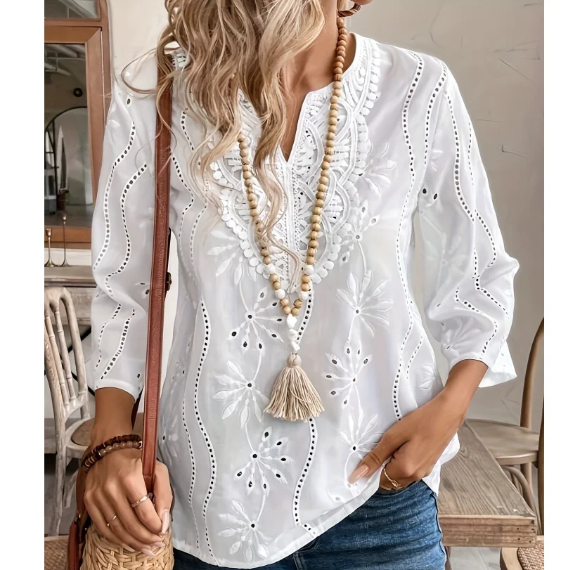 Women's Summer New Top Solid Sexy V-Neck Hollow Long Sleeve Shirt Fashion Splice Plus Size Blouse Loose Street Apparel