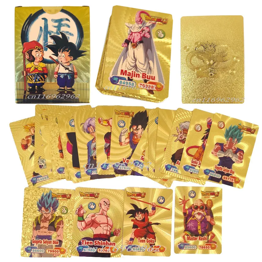 50Pcs Dragon Ball Super Gold Foil Card Shiny Son Goku Super Saiyan Gotenks Beerus Broli English Cards Collection Battle Kid Gift