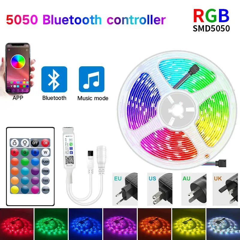 Bluetoothコントローラーと電源アダプターを備えたLEDストリップライト,家庭用,RGB, 15m, 20m, 30ダイオード,5m, 5050