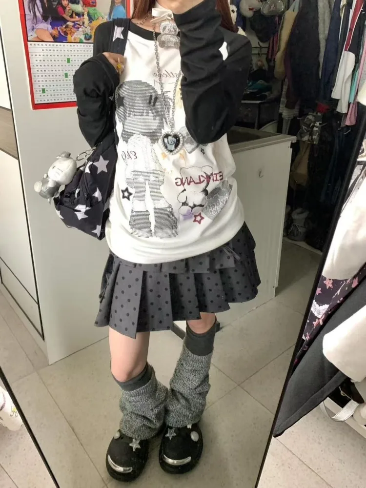 

Japanese Y2k Printed Long Sleeve T-shirts Women Contrast Color Round Neck Slim Chic Tops Harajuku Versatile Streetwear