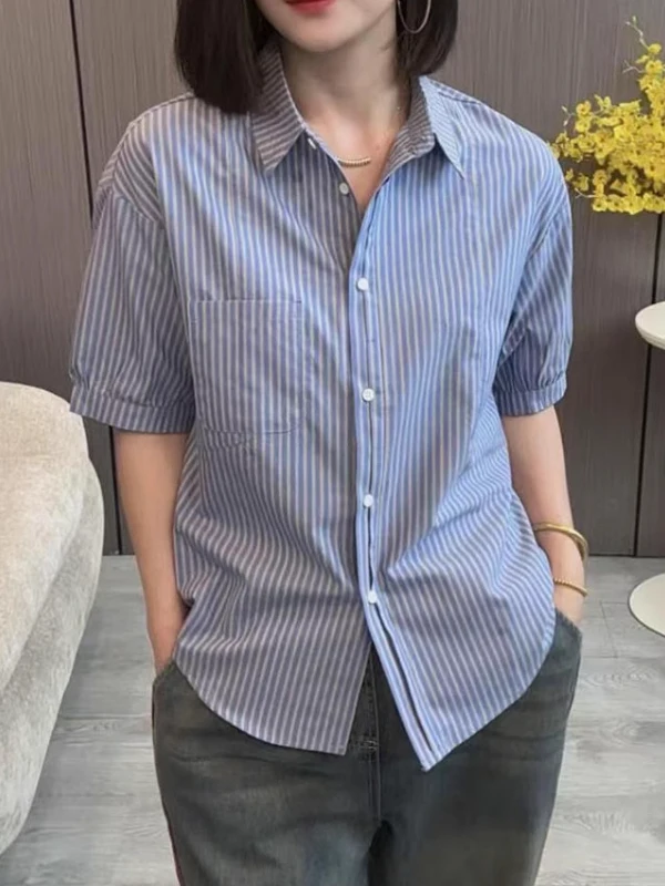 

Женская летняя модная тонкая универсальная рубашка в корейском стиле с воротником, свободного кроя, в полоску, больших размеров, для повседневной носки