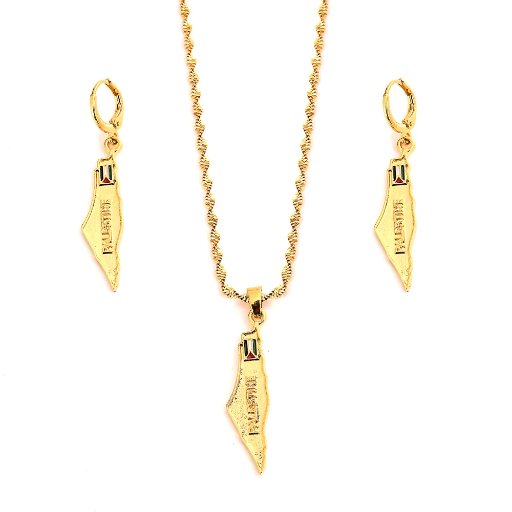 Gold Color Palestine Map National Flag Pendant & Earring Set for Women Country Map Jewelry