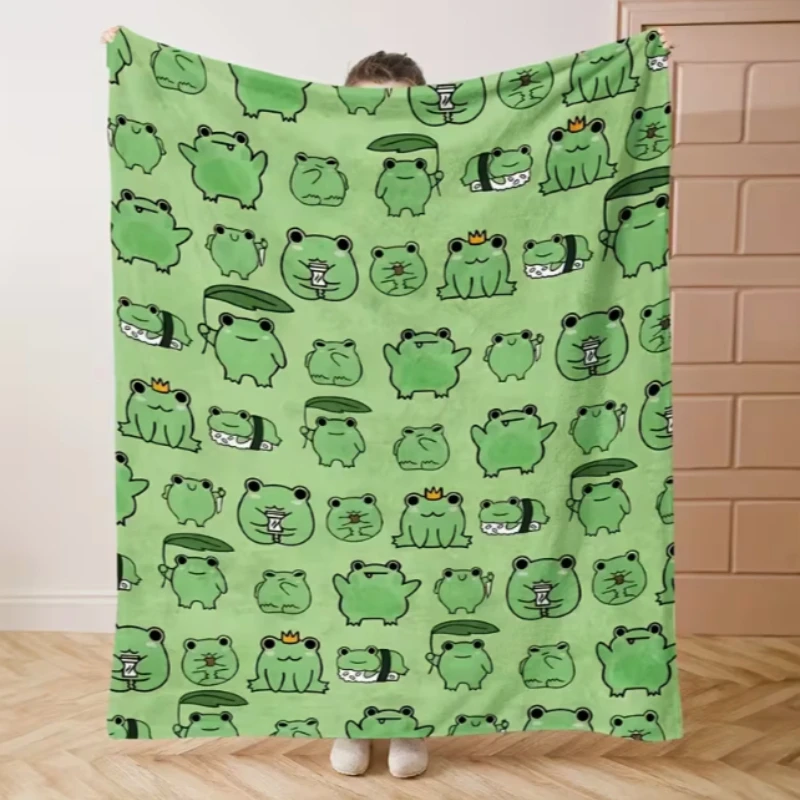 Cartoon Cute Frog Crown Lotus Leaf Sushi Repeated Print Light Green Flannel Blanket For Sofa Bedroom Kids Warm Home Decoration