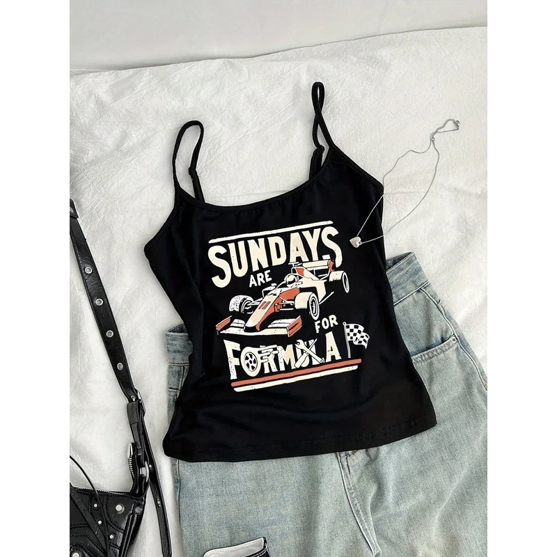 American Round Neck Cami - Y2K Retro Hot AdjustableThin StrapShort CamiTop,SundayIsFormula Day Racing Day Pattern,Women's Summer