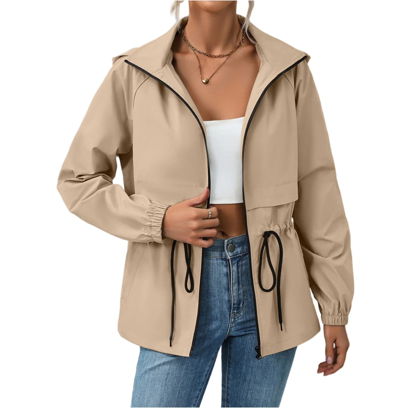 Women Solid Jackets Windbreaker Long Slim Fit Coats Hooded Lightweight Raincoats Fall Streetwear Waterproof Jacket For Women