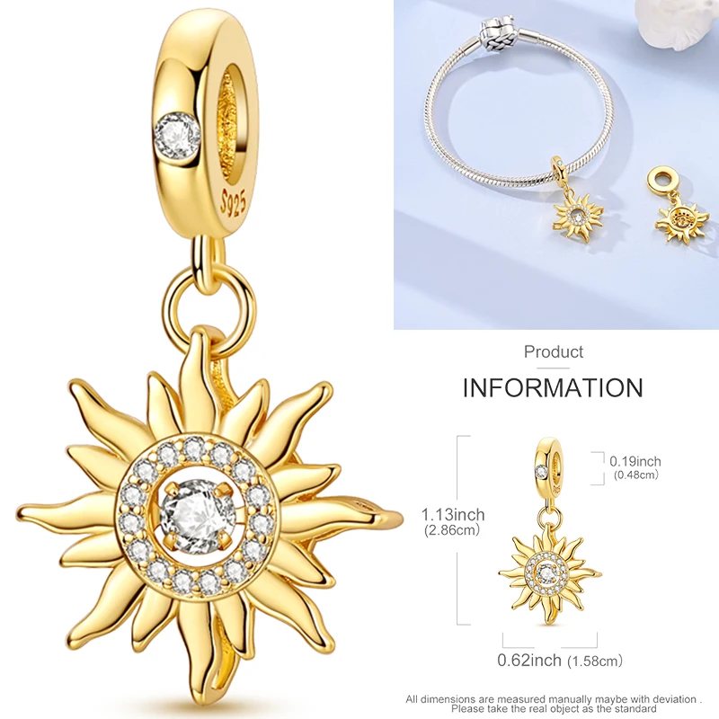 925 Sterling Silber Sonne Sternenhimmel Charms Serie Gold Sonne Sterne Mond Anhänger Passend für Armband DIY Schmuck Original Mode für Frauen – Detail 17