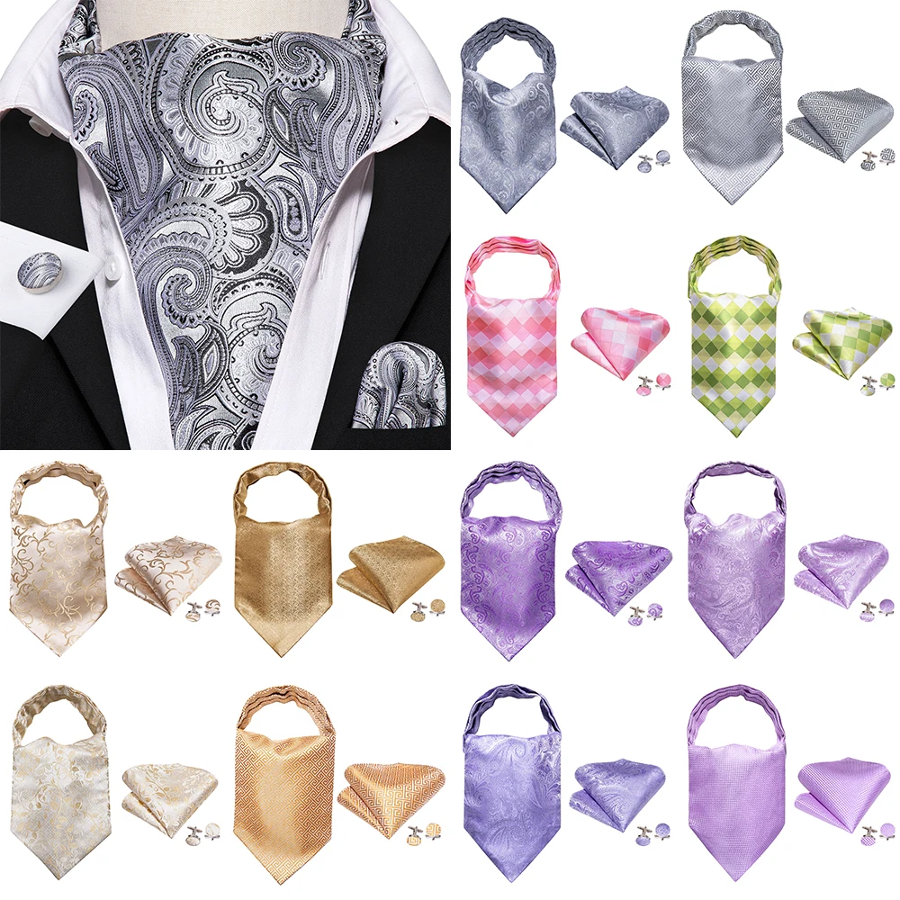 Fashion Men Grey Silk Ascoat Tie Sets Exquisiet Paisley Wedding Gifts Jacquard Cravat For Male Designer Party Barry.Wang 0024