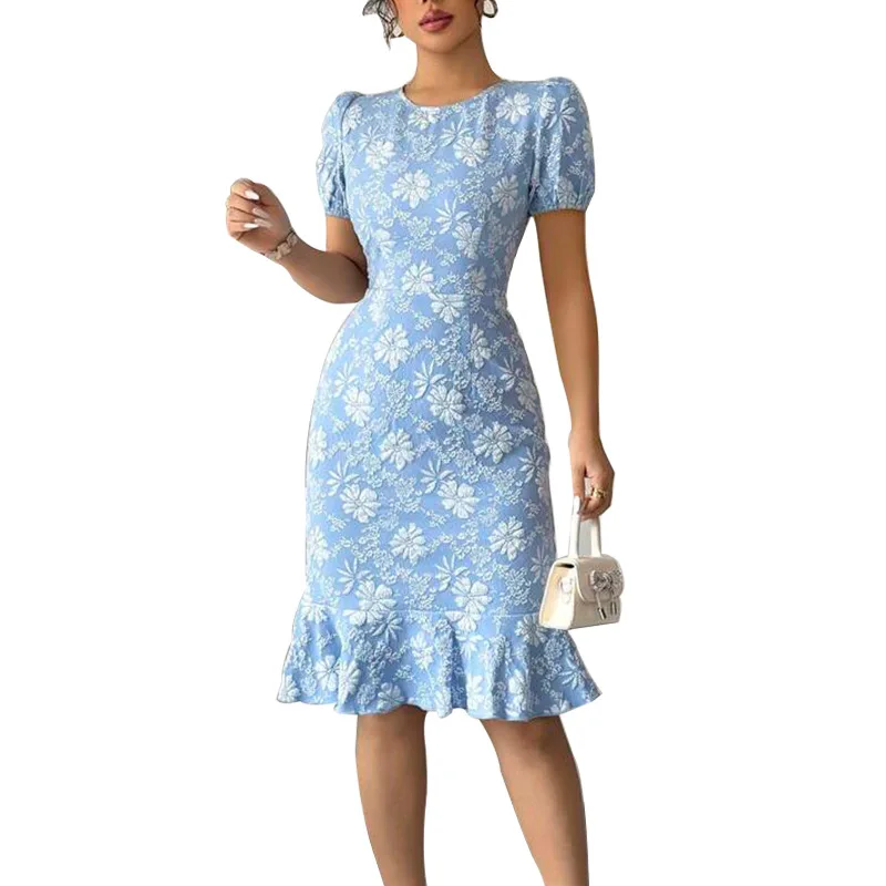 Daisy Relief Fishtail Dresses Women Summer Temperament Elegant Slim Midi Dress Fashion Socialite O Neck Short Sleeves Vestidos