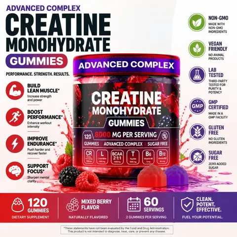 Creatine Monohydrate Gummies 5000mg for Men & Women, Sugar Free Vegan Pre Workout with BCAA & Taurine, 120 Ct Raspberry Flavor