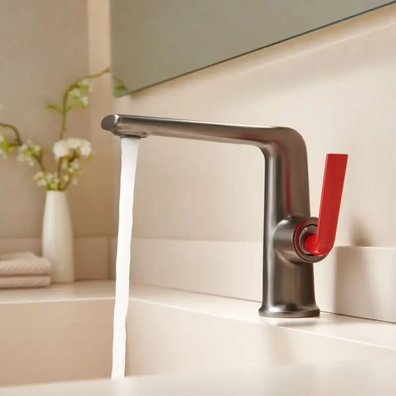 High-end Brass Gun Gray Household Washbasin Faucet Simple and Light Luxury Style Basin Cold and Hot Water Faucet
