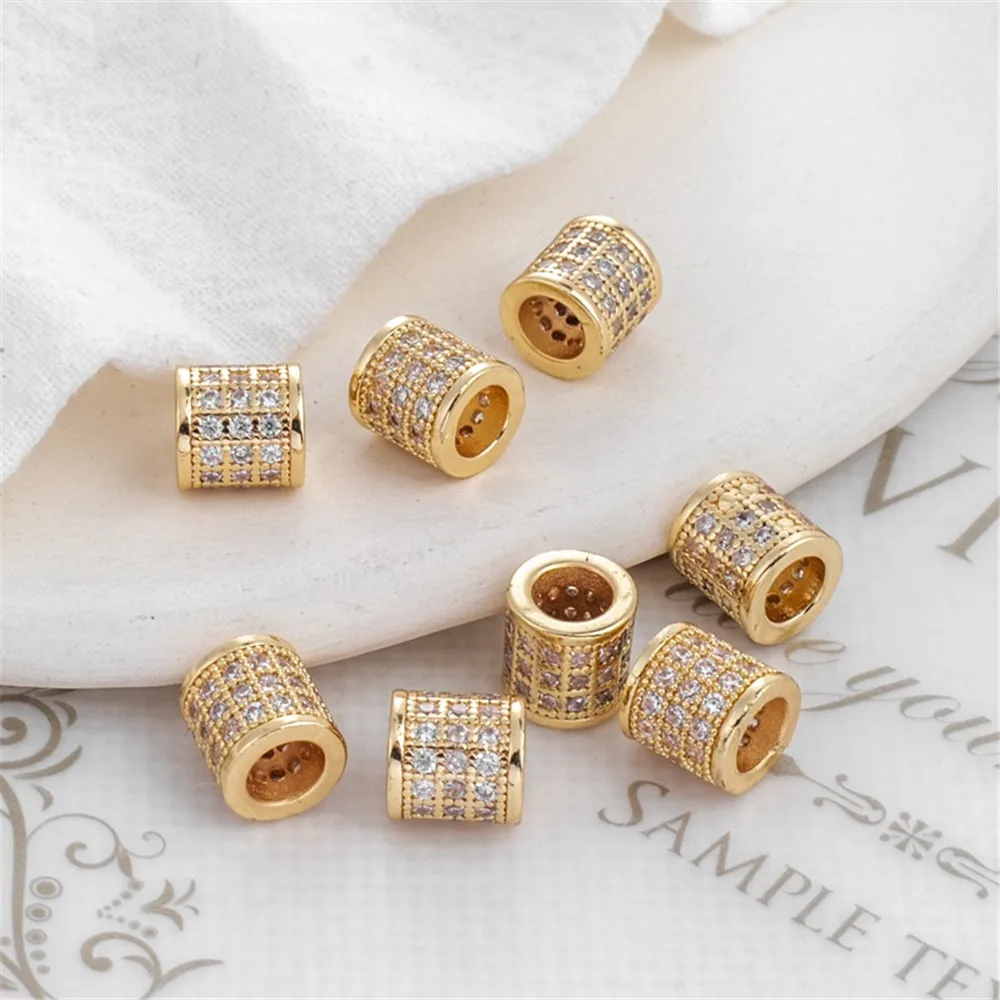 14K Gold Filled Micro Inlaid Zircon Barrel Beads, Cylindrical Transfer Beads, DIY, Large Hole Beads, Bracelet, Necklace, 8mm