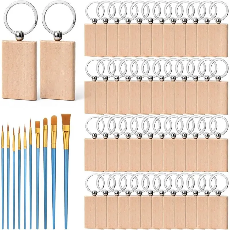 【CYBER MONDAY】Unfinished Wooden Keychain Blanks 50 Pcs Bulk, Rectangle Wood Woodlaser For DIY Crafts Gift With Oil Painting Brus