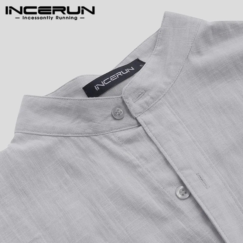 INCERUN 2023 Men Shirt Cotton Stand Collar Short Sleeve Streetwear Harajuku Camisas Solid Color Casual Men Brand Shirts S-5XL