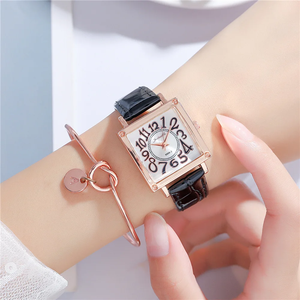 

New Fashion Square Case Ladies Belt Watch Trendy Model Netflix Digital Face Quartz PU Leather Ladies watch with strap