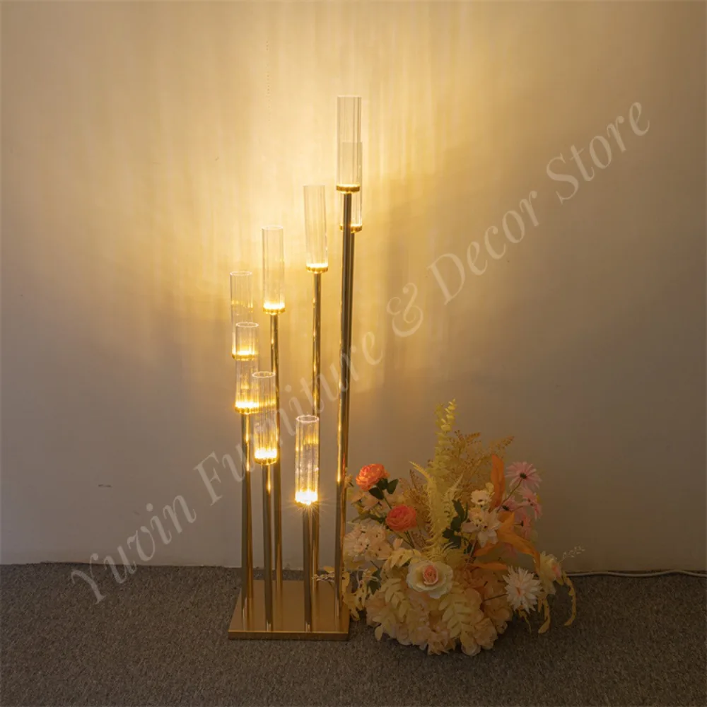 8 Head Gold Metal Candle Holder Wedding Decoration Table Centerpieces Metal Candelabra Wedding Stage Decoration Candle Light