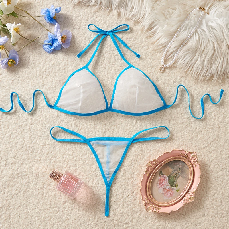 

Sexy Transparent Women's Deep V Bikini Style Underwear Set Color Blocked Mesh Hanging Neck Strap Bra Two-piece Erotic Costumes