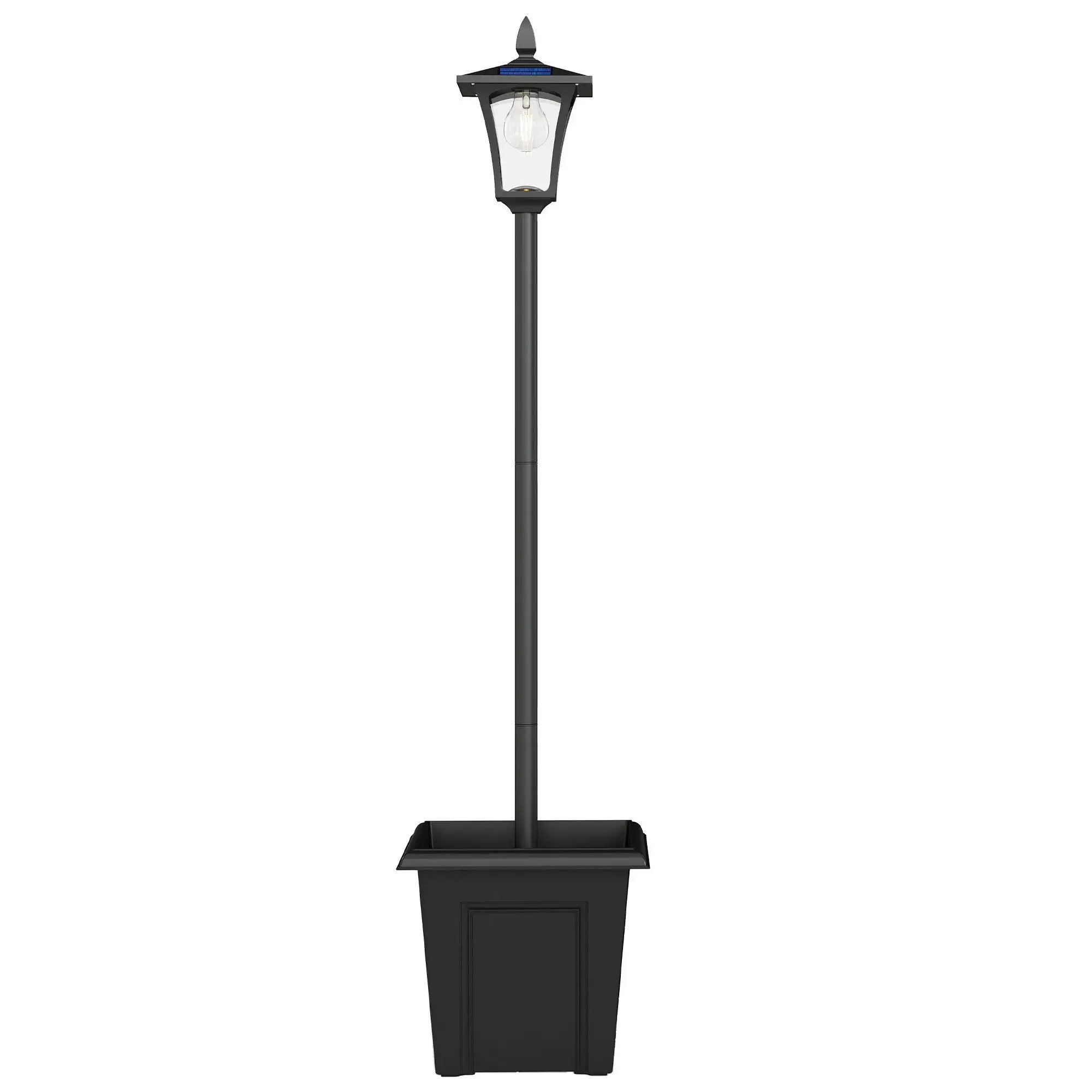 Lanterne solaire de jardin 160 cm avec jardinière 33x33 cm en aluminium IP44 50LM 2800K avec capteur crépusculaire noir