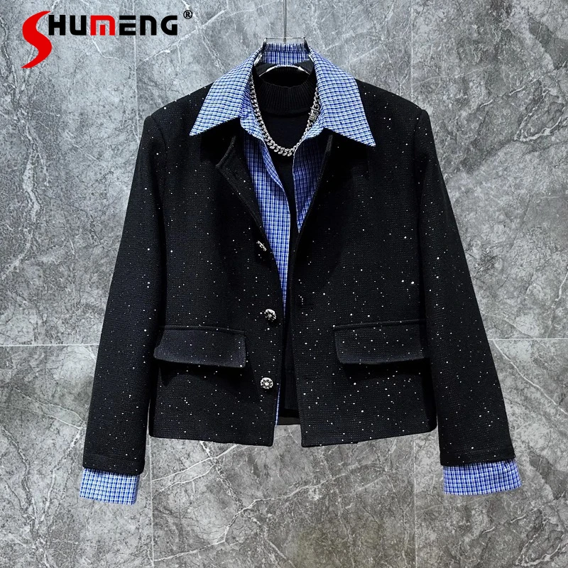 

Men's 2025 Autumn New Small Fragrant Tops Male Faux Two-Piece Splicing Jackets Sequin Design Chic Jackets Fashion Elegant Coats