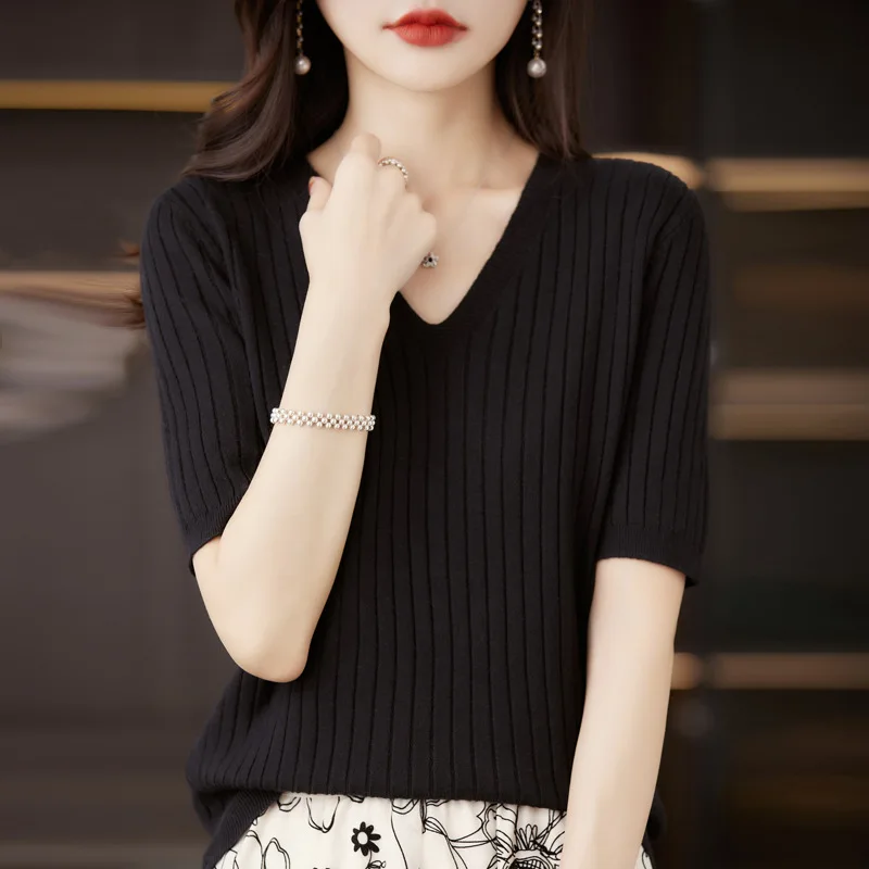 2024 Women Sweater Short Sleeve Spring Summer Knitwears Korean Fashion Stripe Pullovers Slim Fit Knit Tops Casual V-neck Jumpers