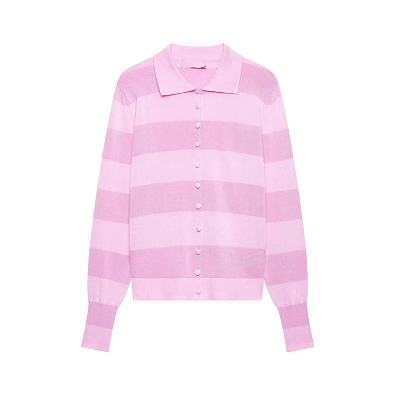 TFMLN 2026 Damen Mode Gestreifter Strick-Cardigan Einreihig Langarm Polokragen Pullover Trend Lässiger Strickmantel – Detail 2