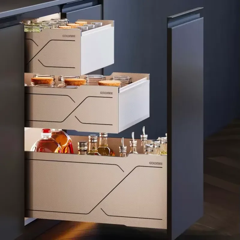 Goldmine double/triple aluminum pull-out seasoning basket, kitchen cabinet seasoning drawer storage box with slow closing