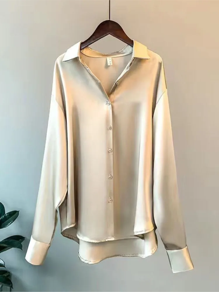 Camicia casual ampia da donna Primavera Autunno Moda Tinta unita Colletto ribaltabile Top a maniche lunghe Camicette da ufficio con bottoni bianchi da donna