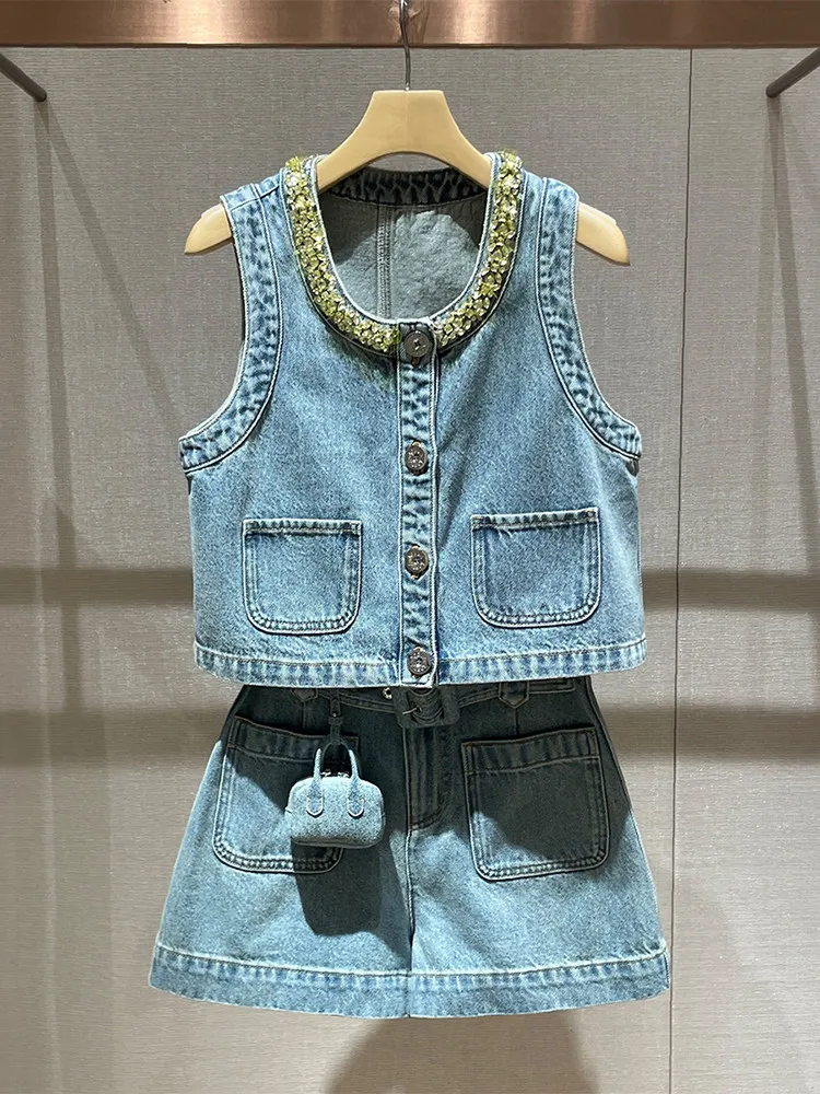 

Faionable Denim Vest And Wide Leg ort Pants Set round Ne Svel High Waist Two Piece Women's Summer Outfit Jolly Note