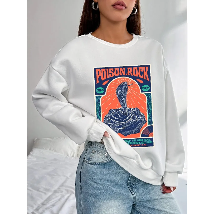 

Women Basic Casual Pullover Spring Autumn Long Sleeve Cobras Printed Round Neck T-Shirt