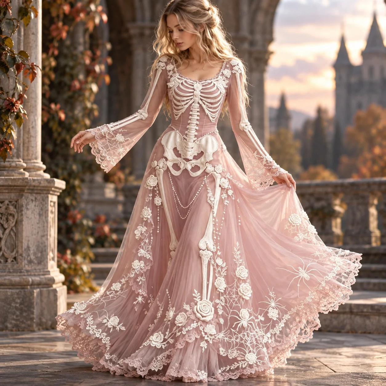 Image of Schlankes, langes Kleid mit langen Ärmeln, langem Schnitt, auffälligem Street-Style, Halloween-Motiv, tiefem Ausschnitt, plissiertem Rock, normalen Ärmel, dunklem Stil, für den Herbst.