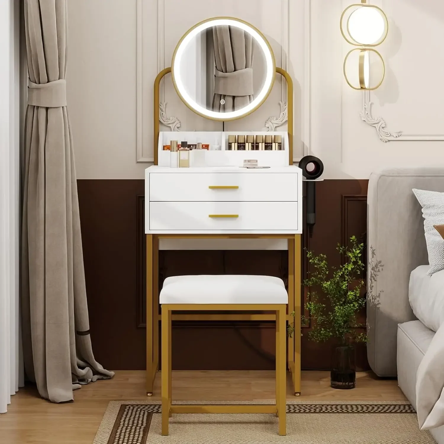 ARTETHYS ARTETHYS Small Vanity Desk with Mirror and Lights White Compact Makeup Vanity with Chair Modern Space-Saving Dressing Table with - Aliexpress Deal