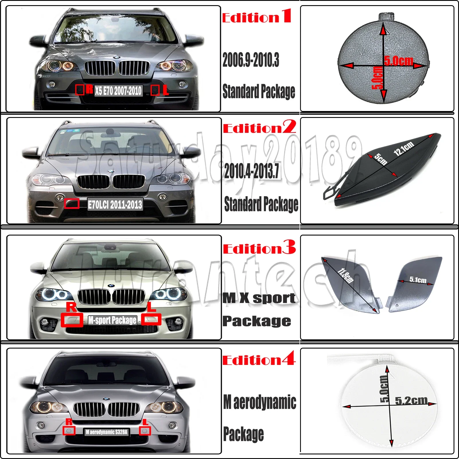 Front Tow Cover  For 07-13 BMW X5 E70 Fit 30i 35i 40i 50i 30d 40d M50 xDrive sDrive SAV bumper Hook Towing Eye Cap