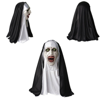 Cosplay Movie Nun Creepy Scary Open Mouth Bloody Tooth Terror Halloween Mask With Head Kerchief Full Face Party Costume Props