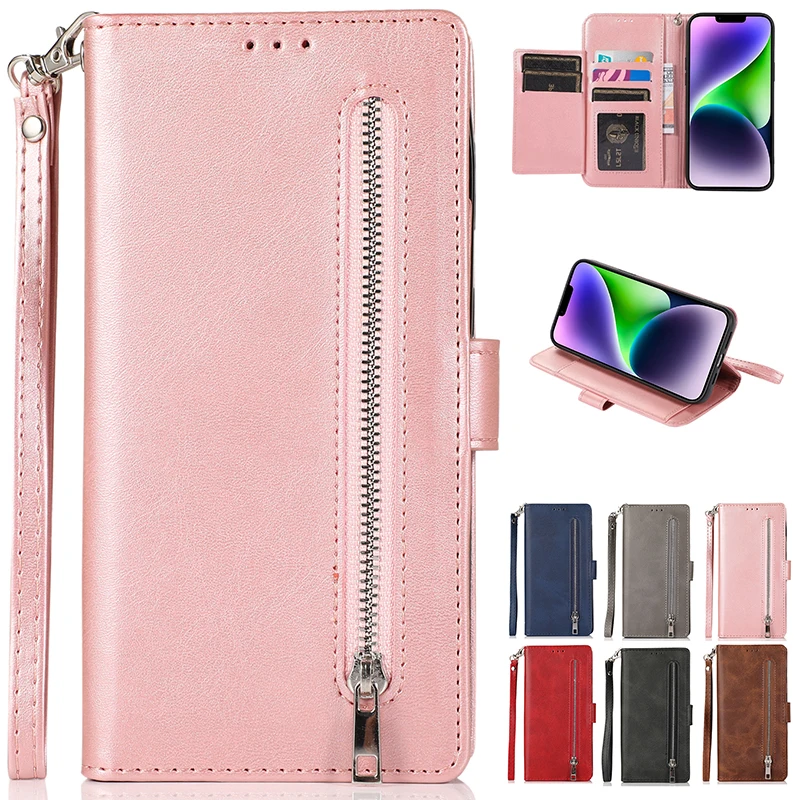 Wallet Zipper Flip Case Leather For iPhone 16 15 14 Plus Max 13 Pro 12 Mini 11 Max X XS XR 7 8 Luxury Quakeproof Cover