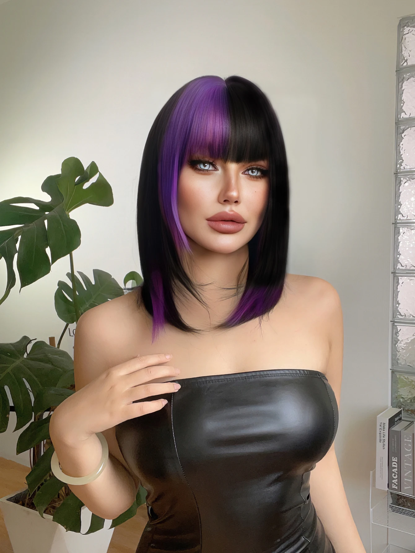 18Inch Black Highlight Bright Purple Synthetic Wigs With Bangs Medium Natural Straight Hair For Women Daily Use Heat Resistant