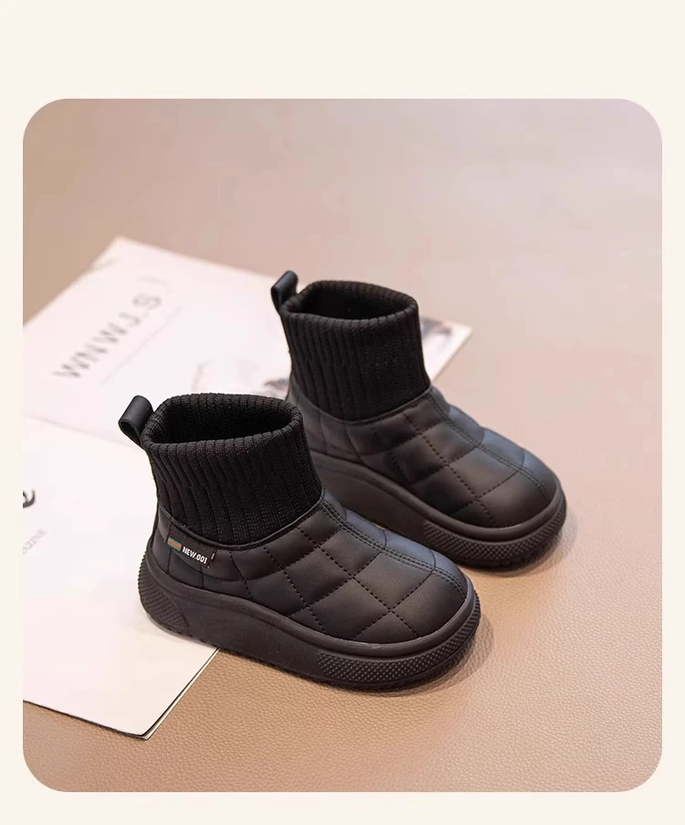 Children's Snow Boots 2-18 Years Old Khaki Padded Thickened Boys Girls Cotton Shoes Winter Black Soft Non-slip Kids Sock Boots