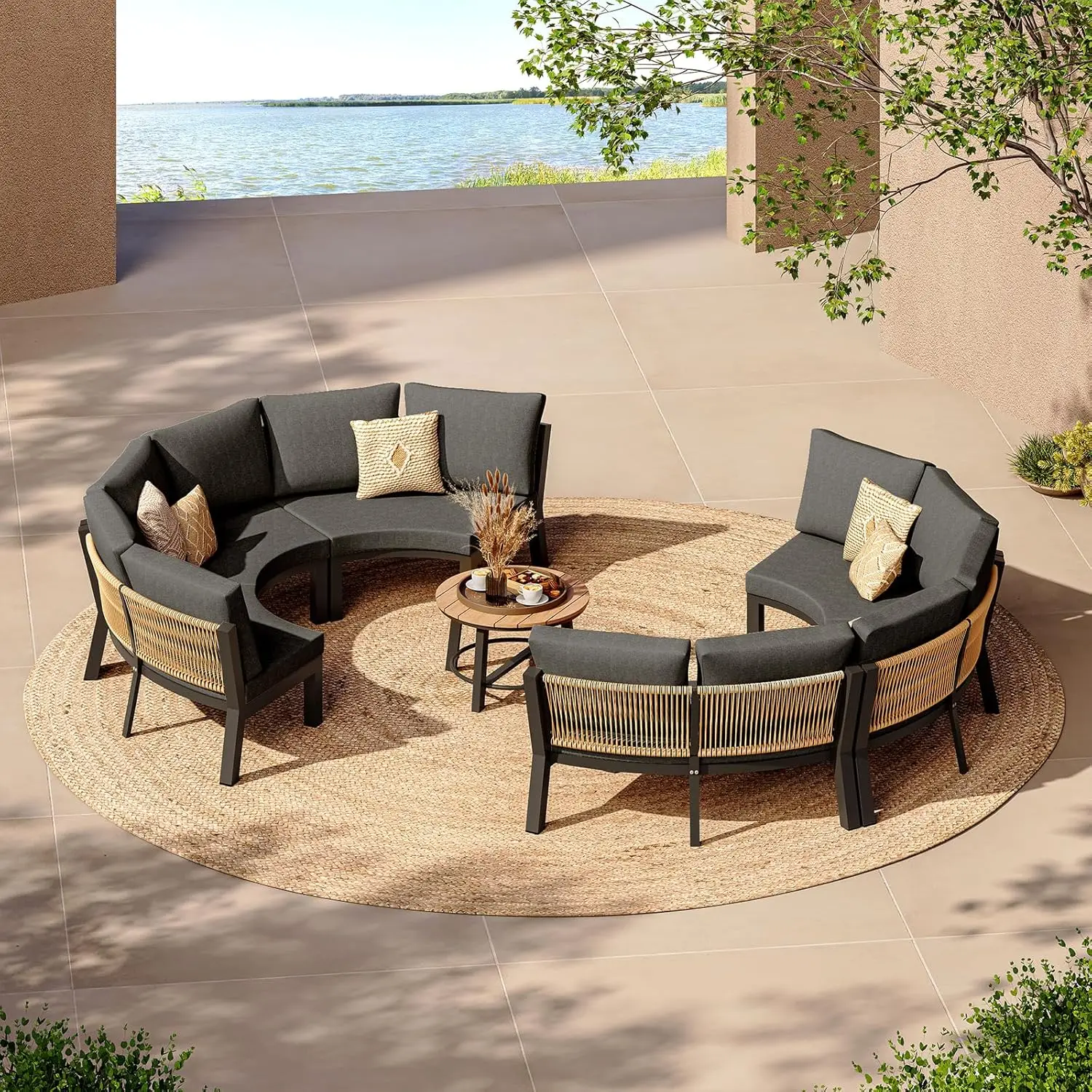 

7 Piece Curved Outdoor Sectional Sofa Set Aluminum Frame PE Rope All Weather Cushions Coffee Table Patio Garden Use Customized