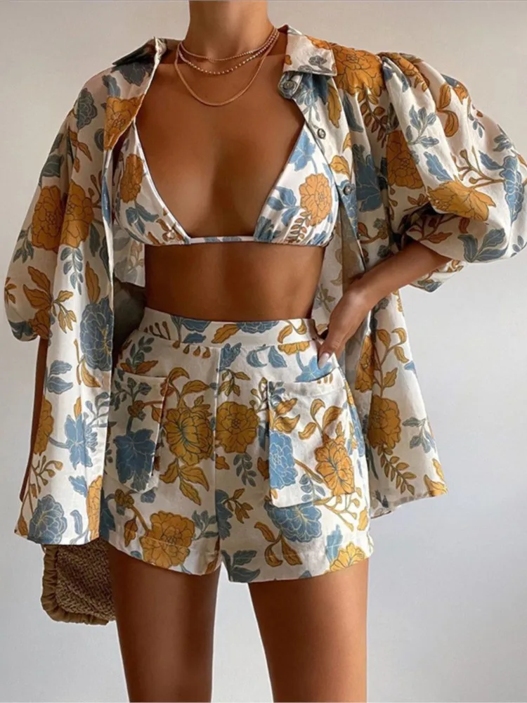 Sexy Short Sets Fashion Print Women Three Piece Loose Short Sleeved Shirt With Shorts Suit 2023 Summer Casual Streetwear Outfits