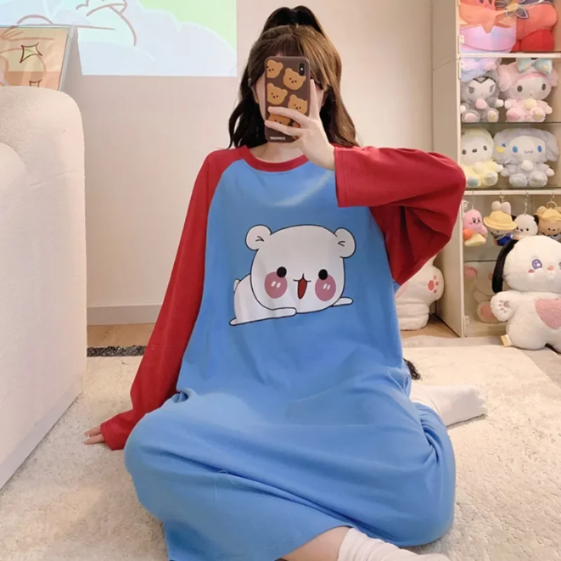 150kg Extra Large Size Spring Long-sleeved Nightgown Korean Sweet Cartoon Loose Sleepshirt Pajamas Can Wear Outside Loungewear