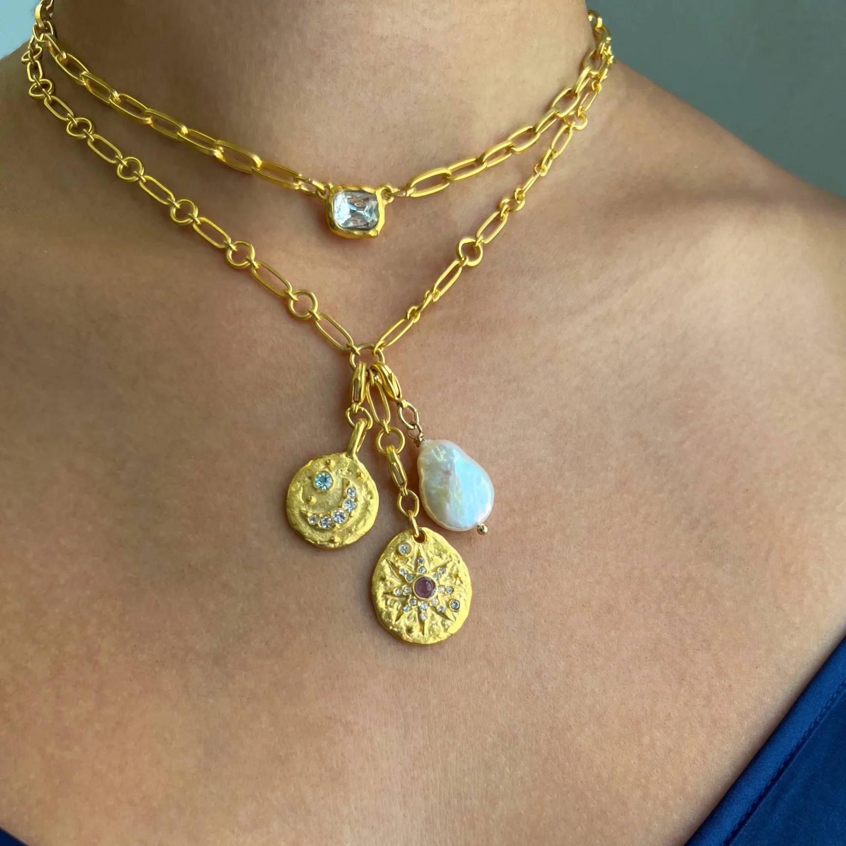 

Хип-хоп Солнце Луна комплект циркониевое ожерелье жемчуг мульти-кулон преувеличенная цепочка для свитера женская нержавеющая сталь