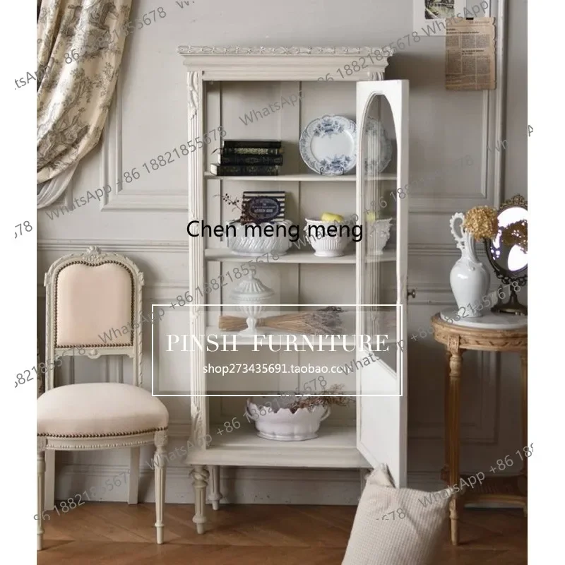 

French retro white wine cabinet American European carved dining side cabinet glass display bookcase