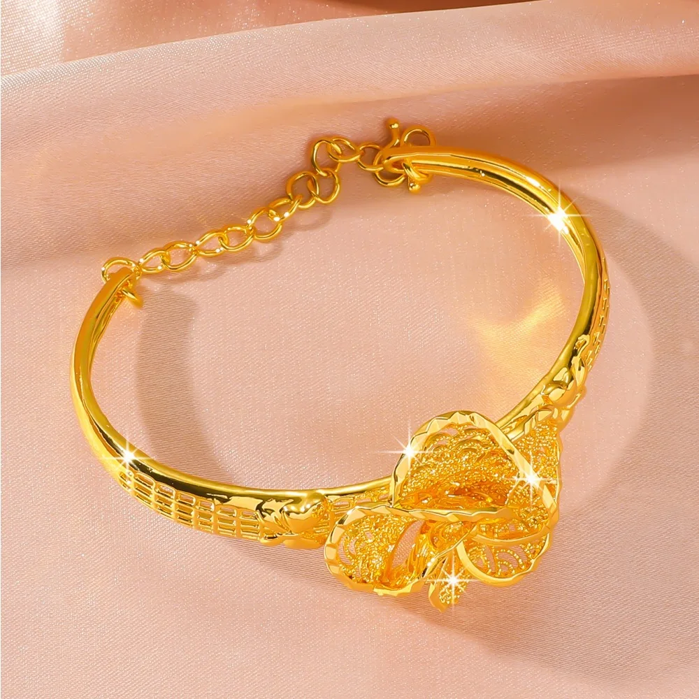 9999 24K real gold exquisite cutout hand decorated with large flowers S buckle bracelet