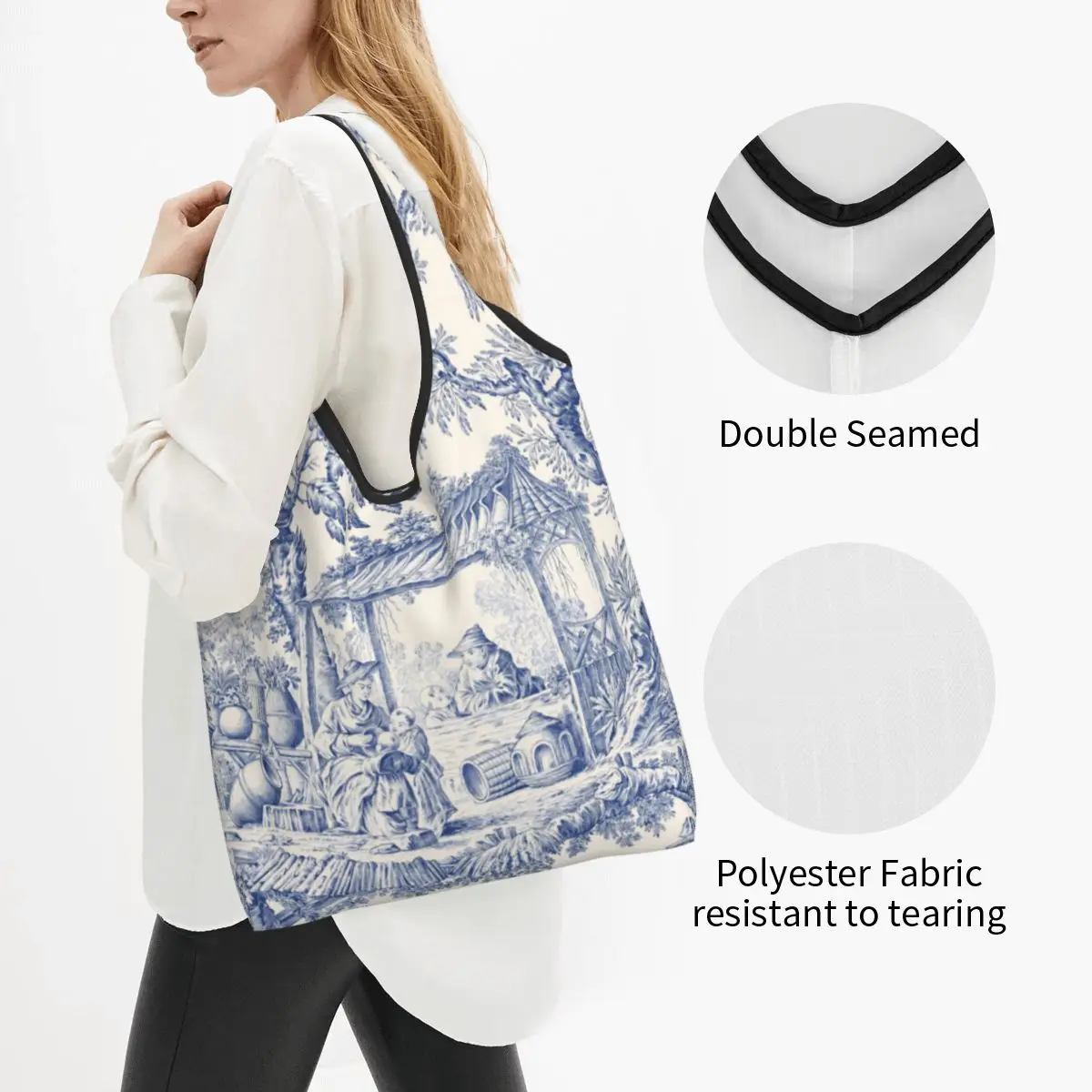 Cute Vintage Classic French Toile De Jouy Navy Blue Motif Pattern Shopping Tote Bags Portable Groceries Shopper Shoulder Bag