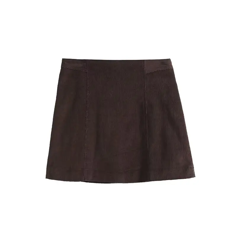 Maxdutti French Minimalist Coffee Colored High Waisted A-line Skirt Women Fashion Ladies Vintage Corduroy Mini Skirts Girls