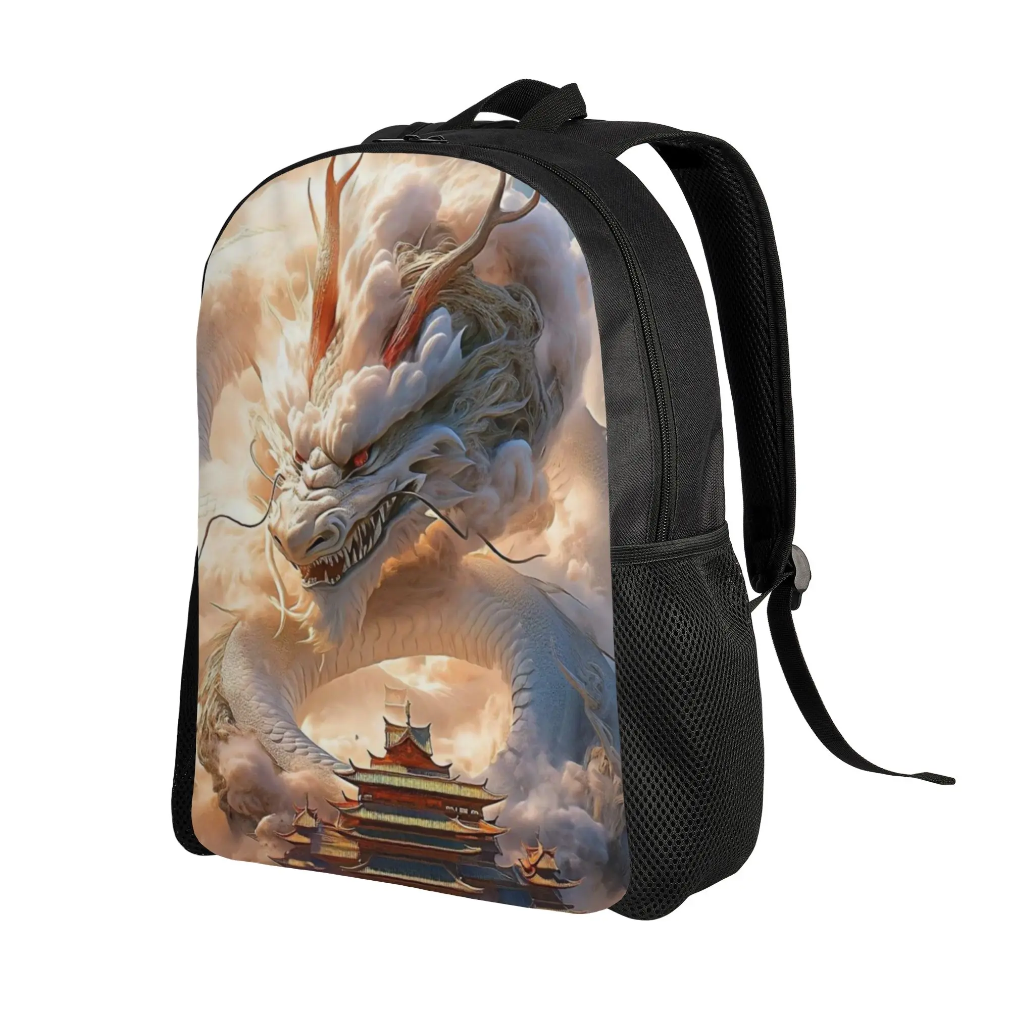 Back to school season White Chinese Dragon Cloud Temple Schoolbag  Unisex Harajuku Design Backpack