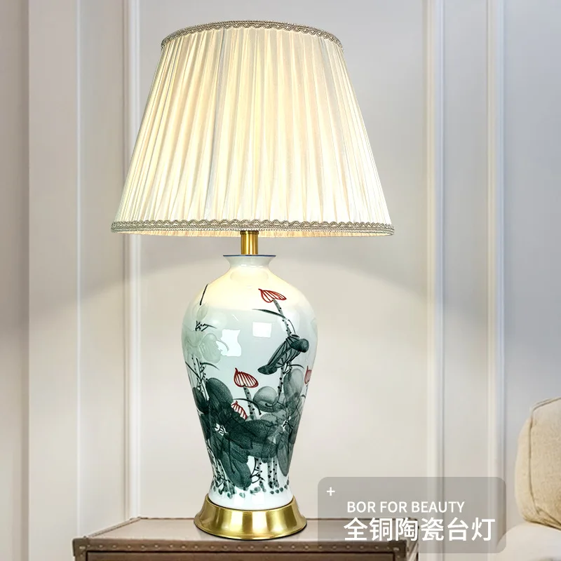 Chinoiserie Lotus Porcelain Table Lamps Gold Base White Pleated Fabric Shade Bedroom Living Room American Minimalist Desk Lights