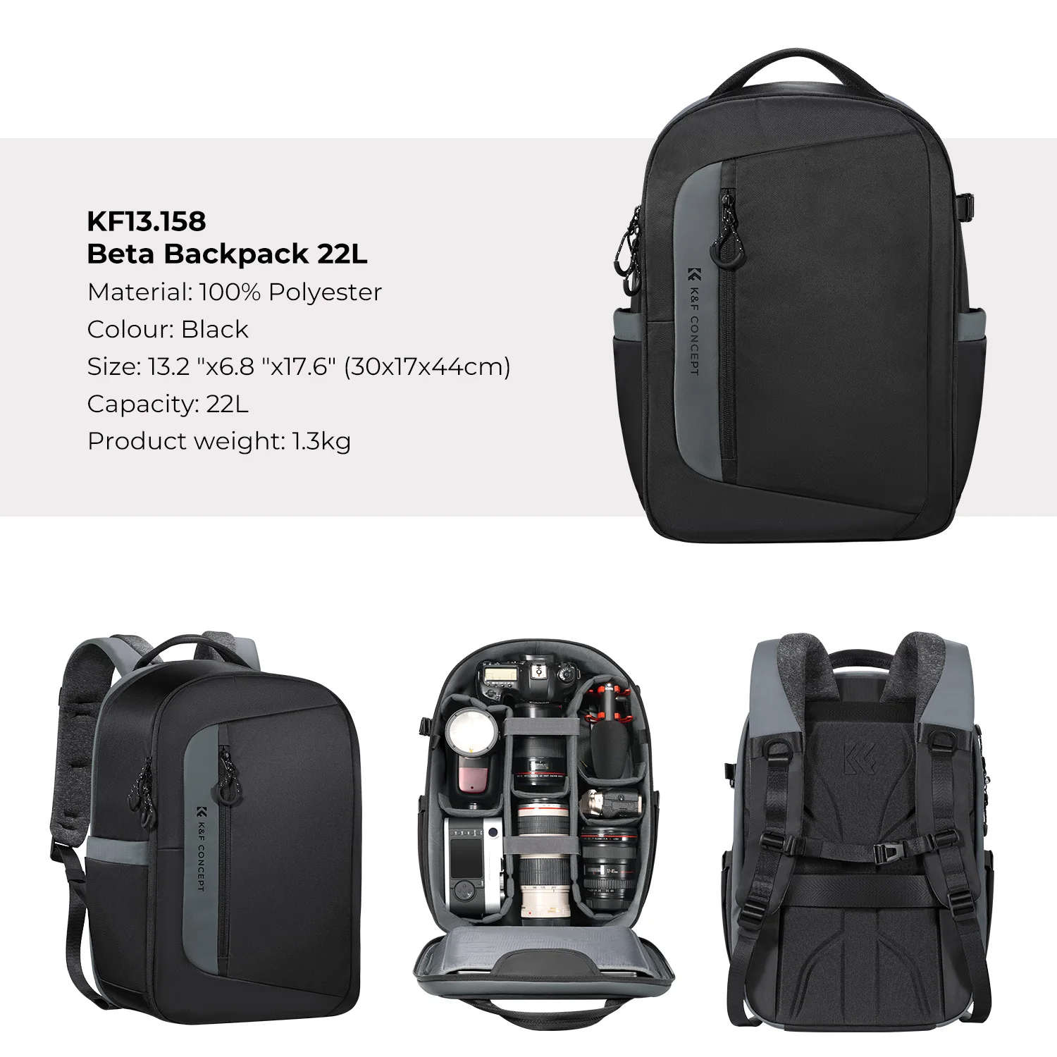 K&F CONCEPT 22L Camera Backpack Photography Bag Waterproof Large Capacity Camera Bag With Raincover for DSLR Camera